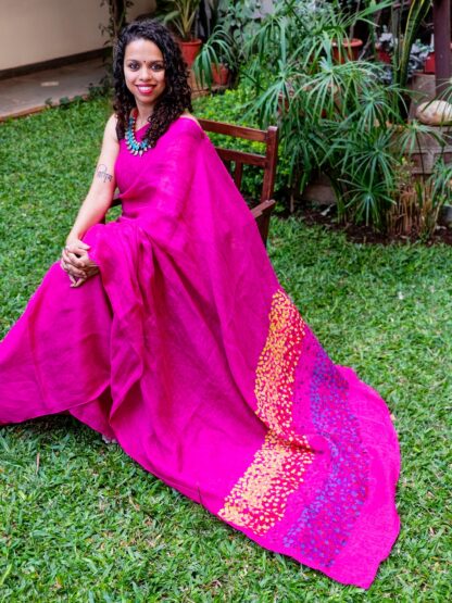 Calyz Pink Linen Saree with Collage Technique